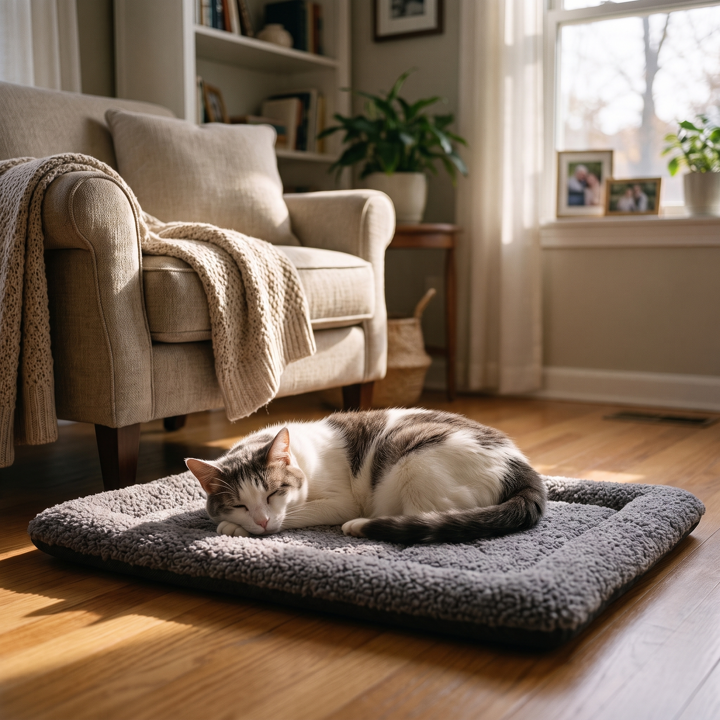 A senior cat resting on the Mavelle mat