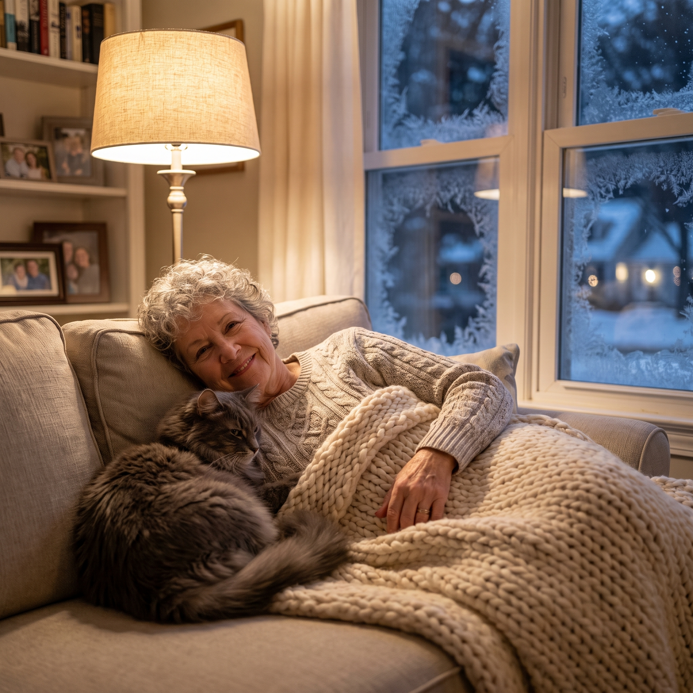 A cat pressed against its owner for warmth