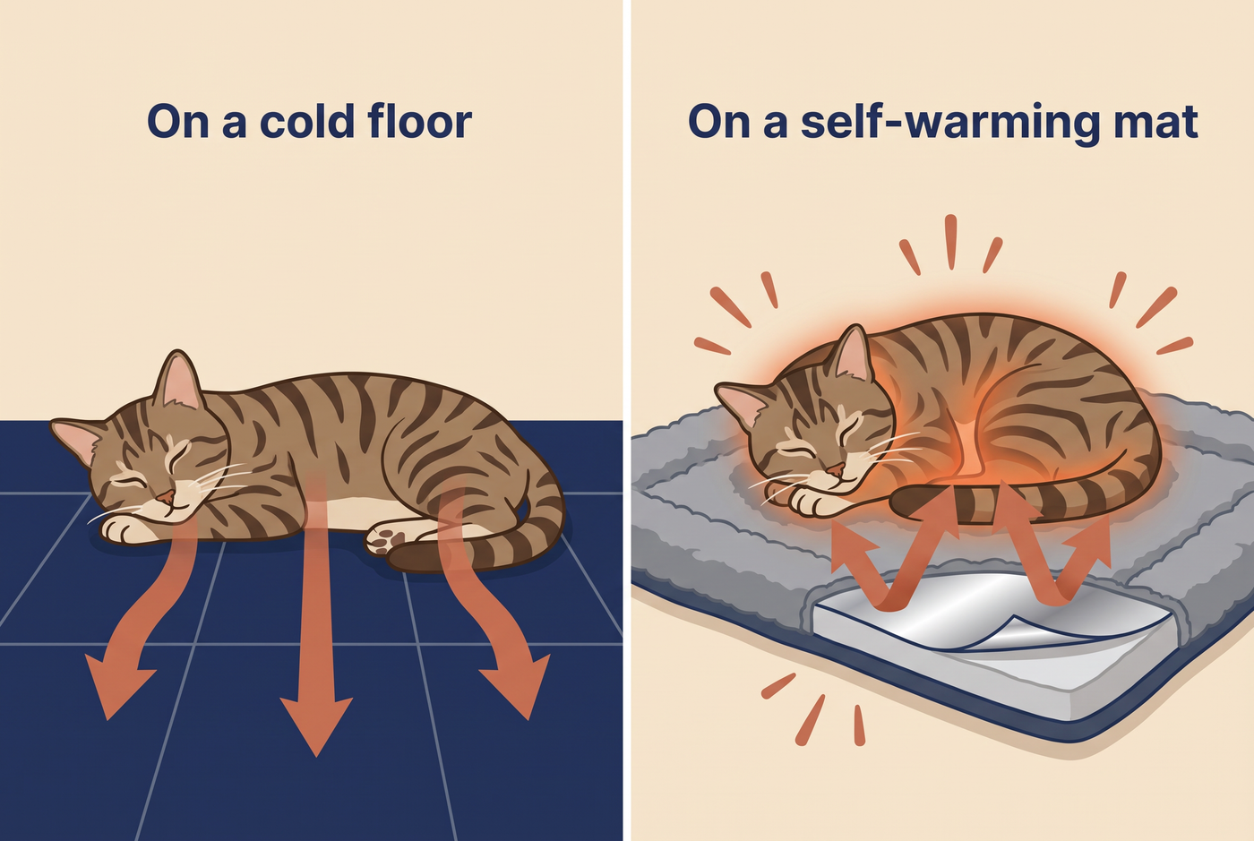 Illustration of a cat losing body heat into a cold floor through conduction