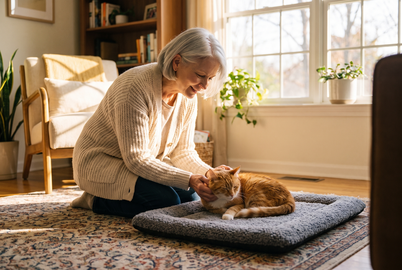 A woman with her senior cat on a warm mat
