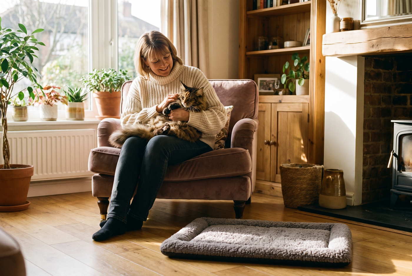 A woman holding her cat