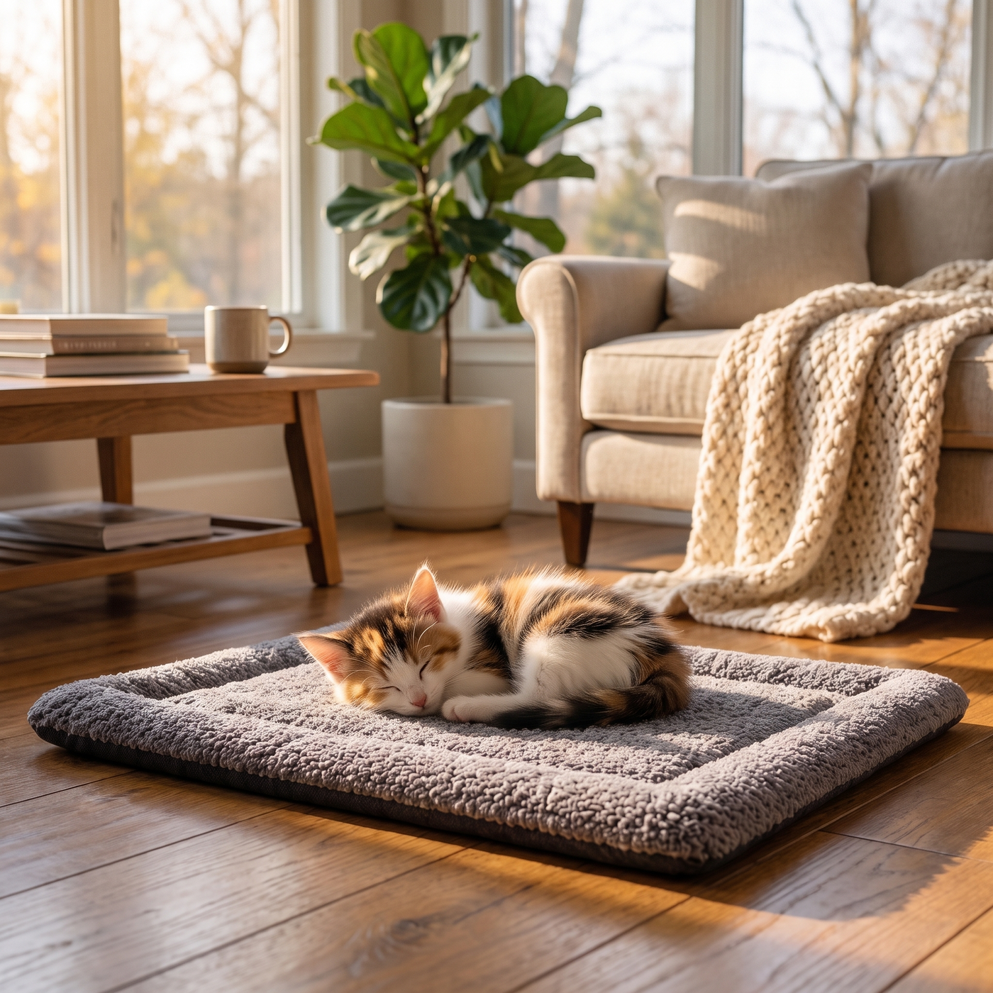 A kitten resting on the Mavelle mat