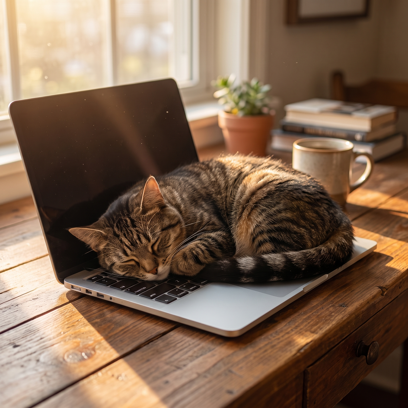 A cat sleeping on a warm laptop