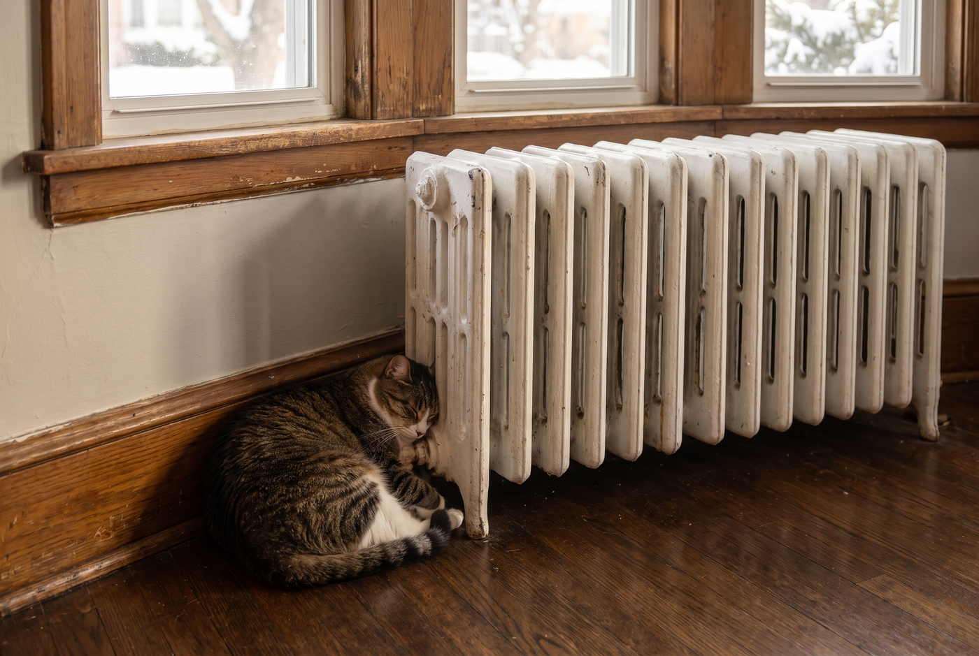 A cat pressed against a radiator to stay warm