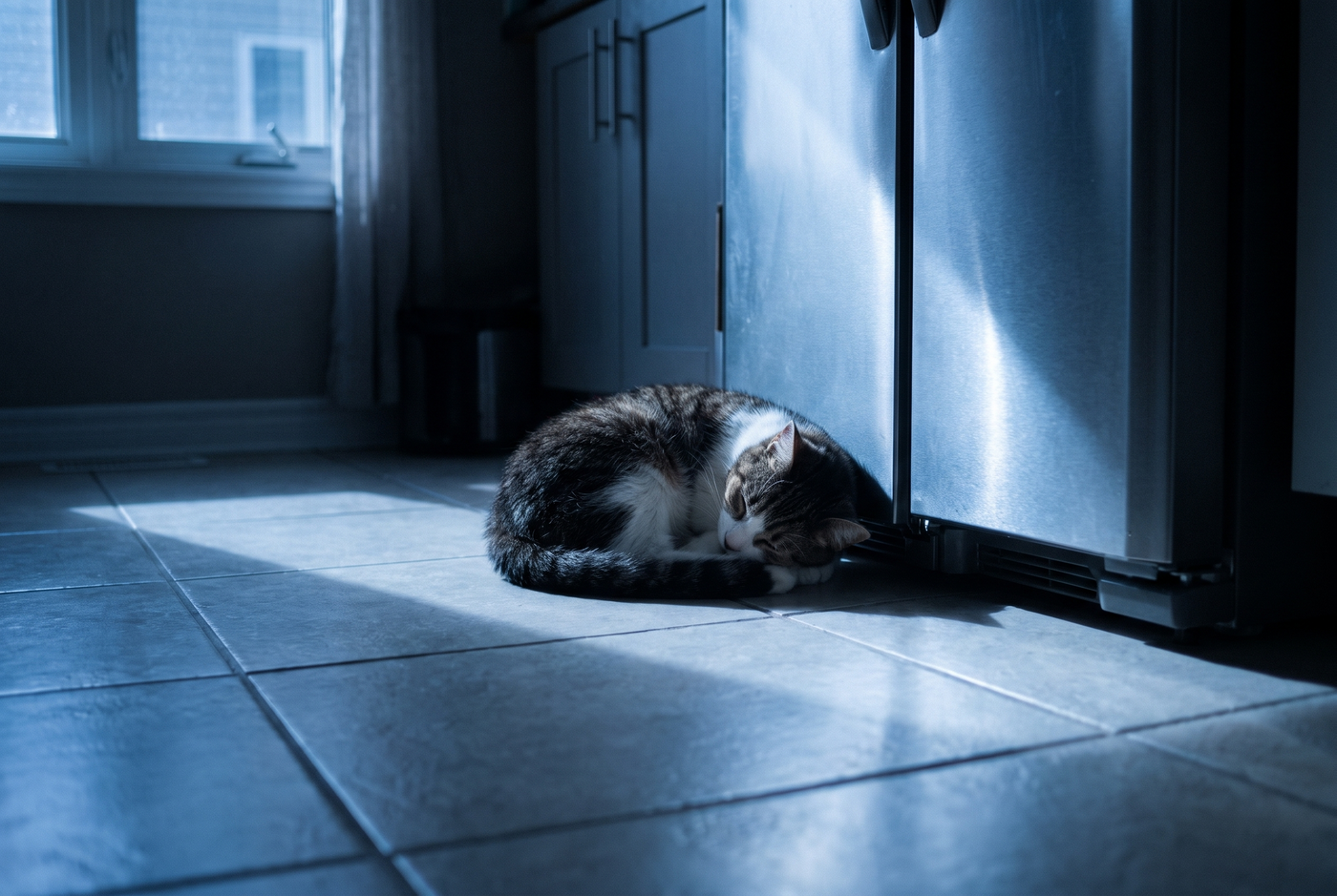 A senior cat curled on cold kitchen tile