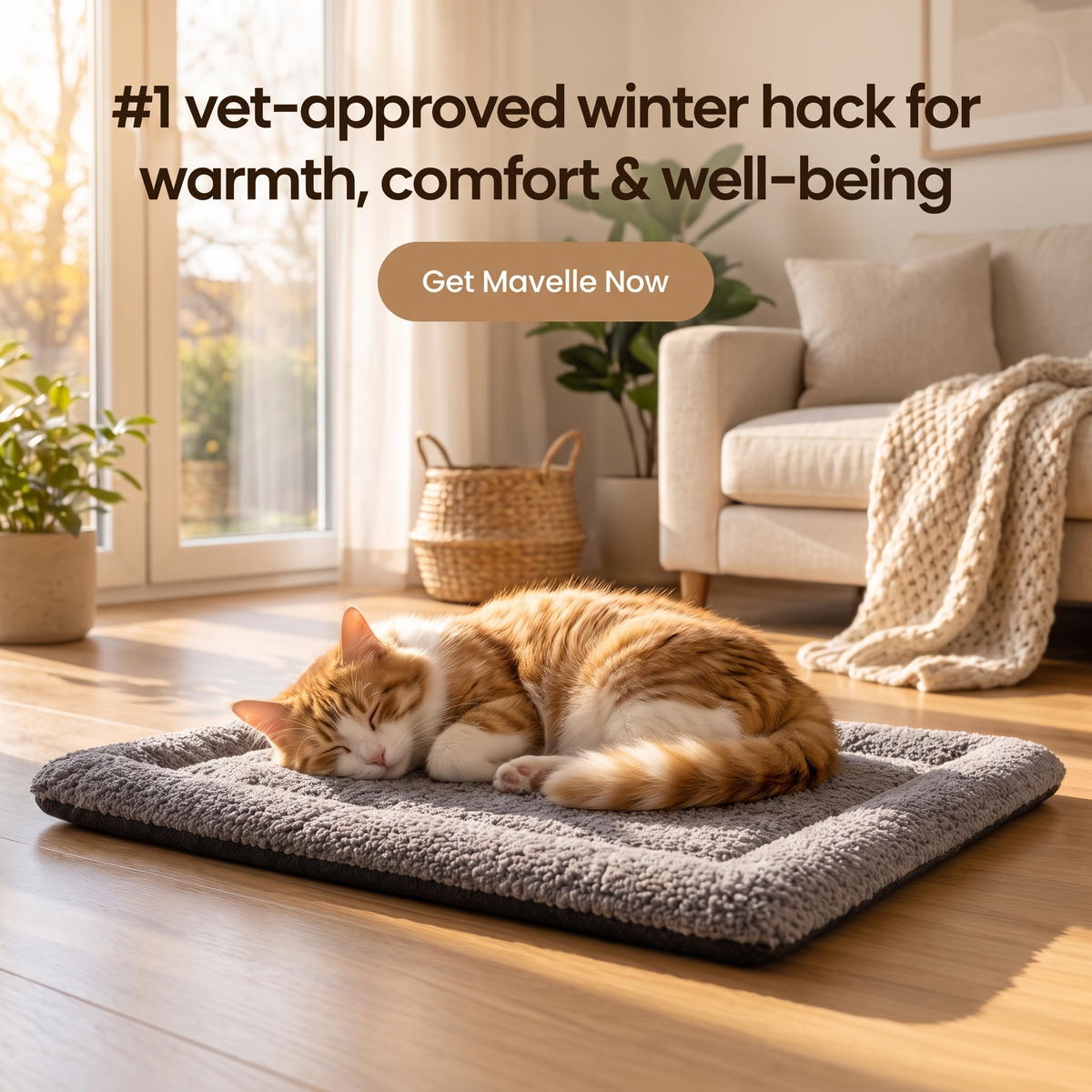 Cat sleeping on the Mavelle self-warming mat
